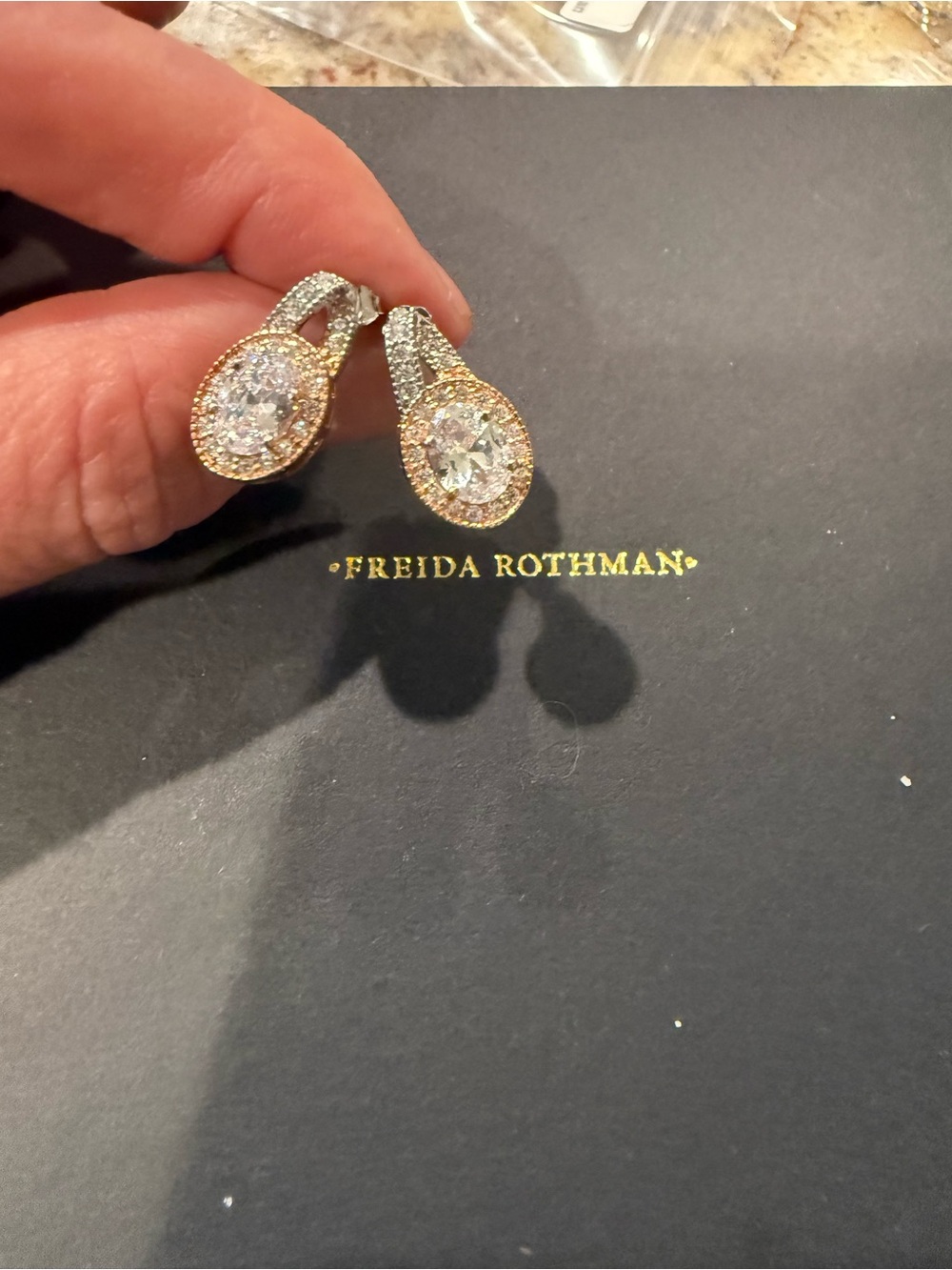 Freida Rothman Rose Gold & Silver Oval Halo Crystal Earrings